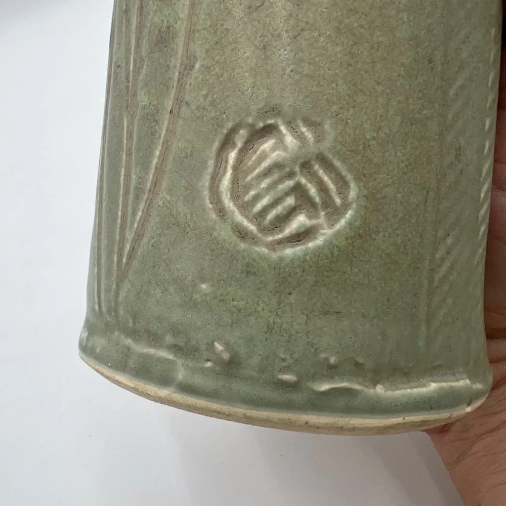 Tulip green studio pottery Asian inspired stamp signed spring vase